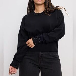 Good American Crystal Crew Neck Drop Shoulder Sweater in Black NWOT Size Large